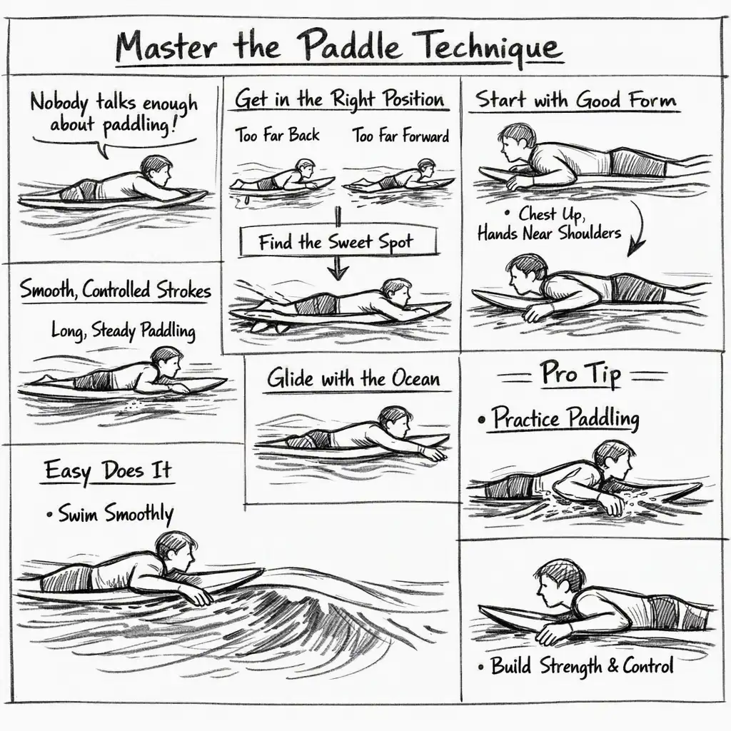 Surfer demonstrating correct paddling technique on a surfboard